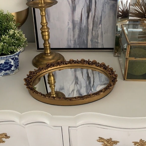 Perfume mirror tray gold decorative tray size 10” x 7” antique gold finish new - Picture 2 of 8
